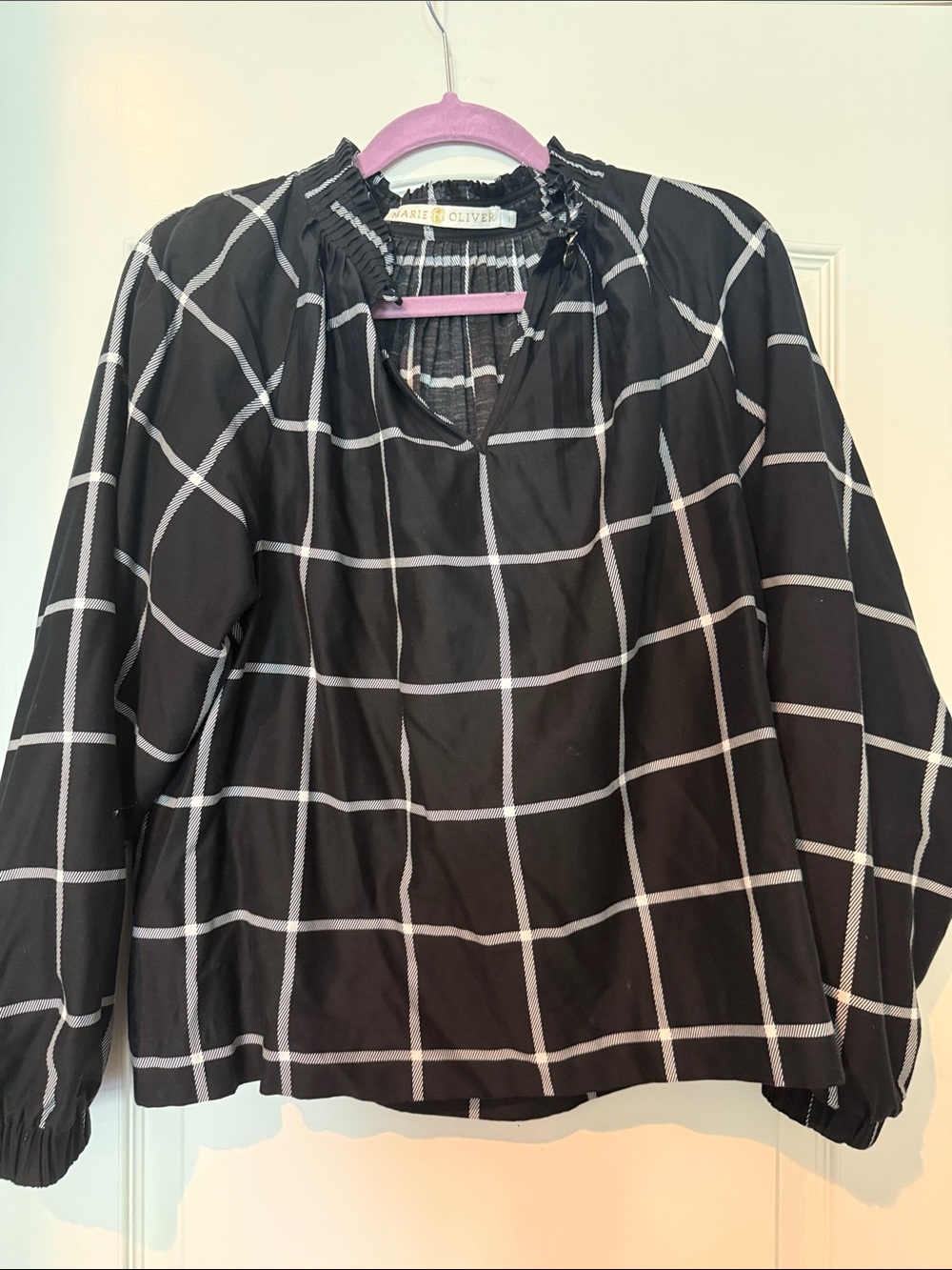 Marie Oliver Black Windowpane Smocked-Neck Blouse